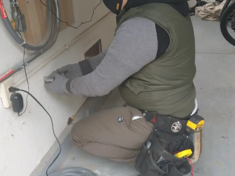 Electrician performing outlet wiring in a Aberdeen garage